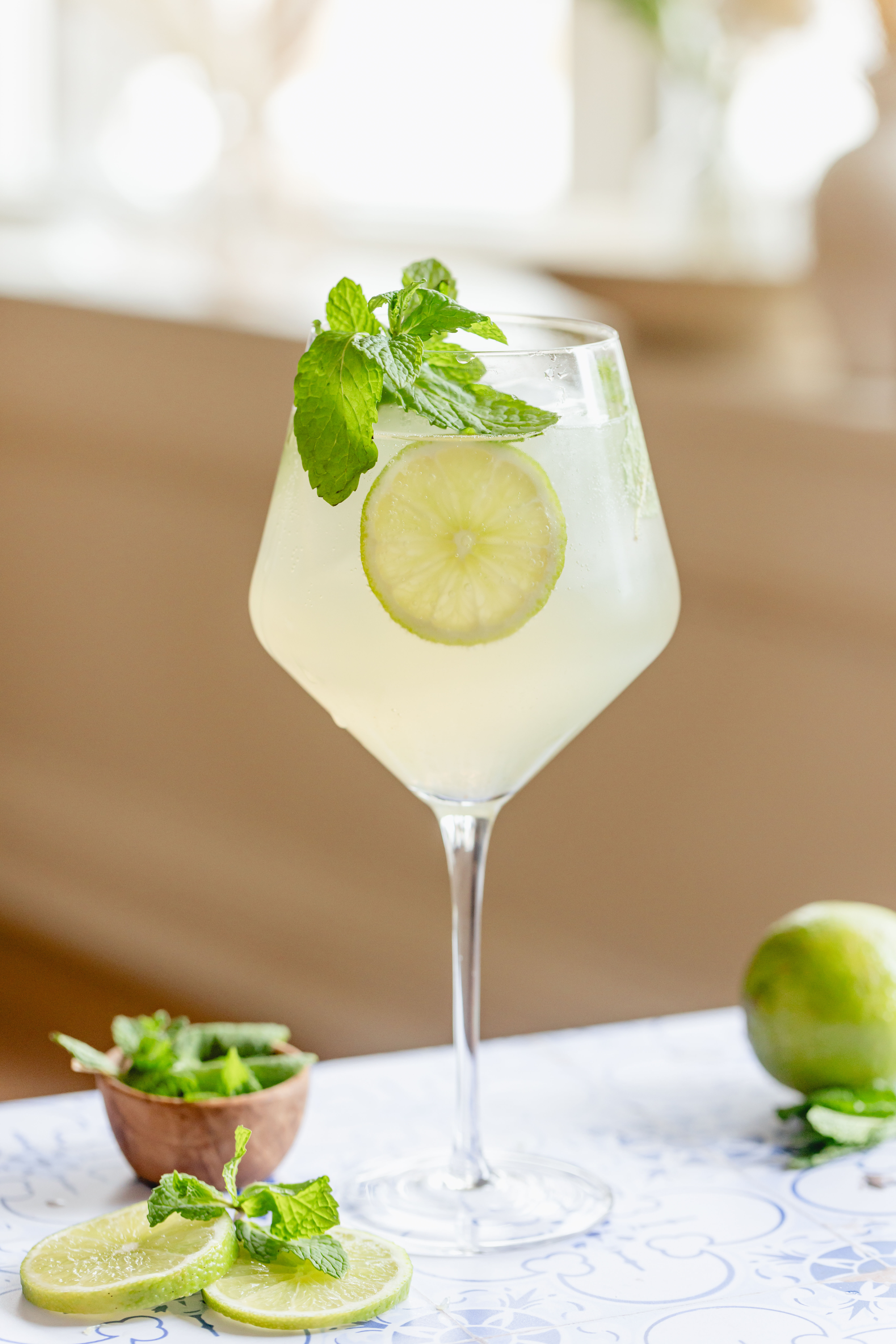 The Hugo Prosecco cocktail garnished with fresh mint leaves and a lime wheel, served in a stemmed wine glass.